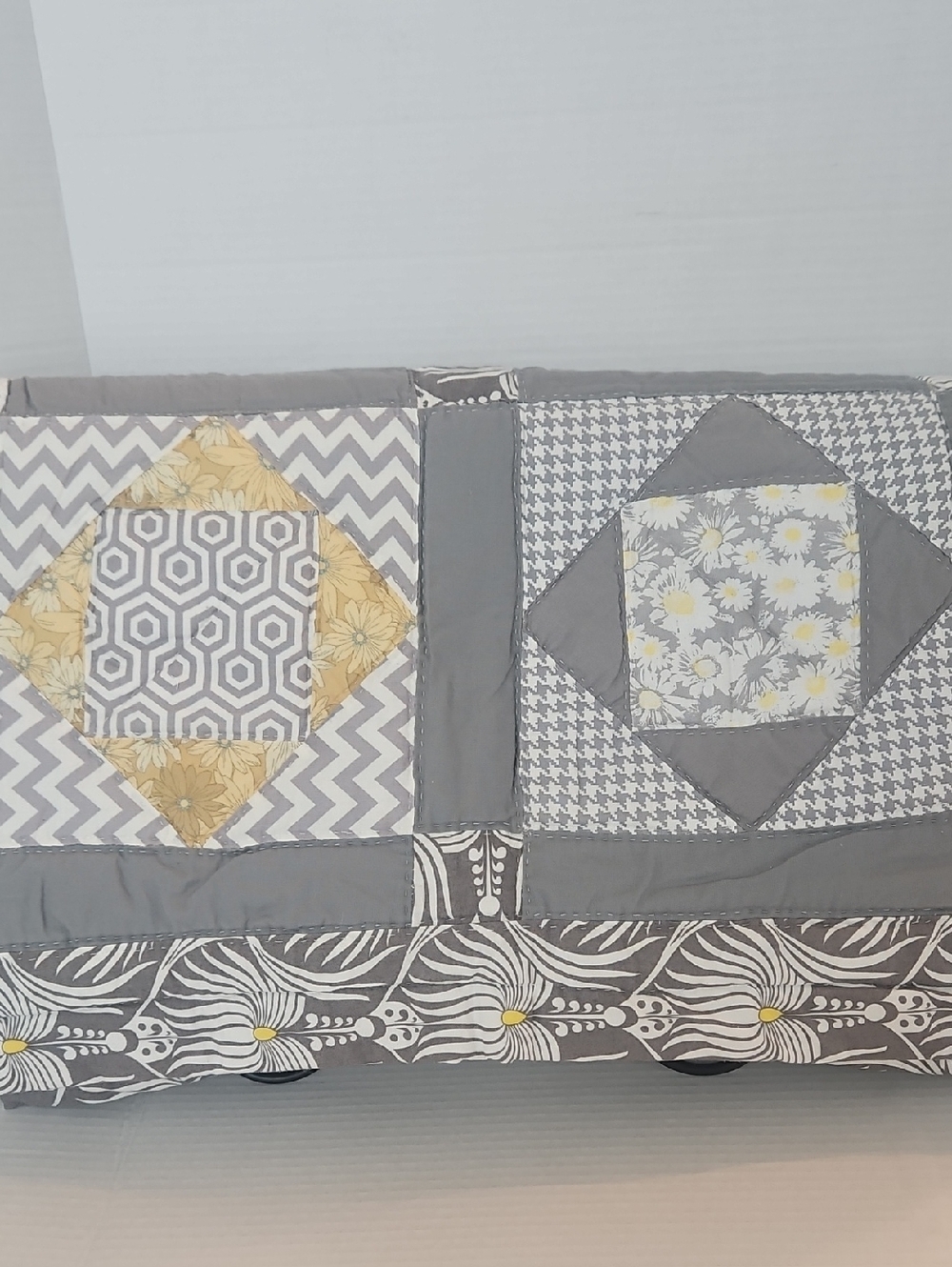Handmade Hand Stitched Gray Yellow White Geometric Polk Dots Floral Quilt